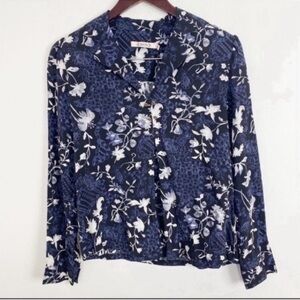 Nanette Lepore Blue Floral V-neck Collared Faux Button Long Sleeve Blouse XS NEW